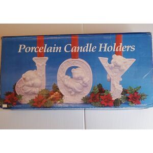 Vintage Porcelain “JOY” Candle Holder Set – White Bear Design – Christmas Holida